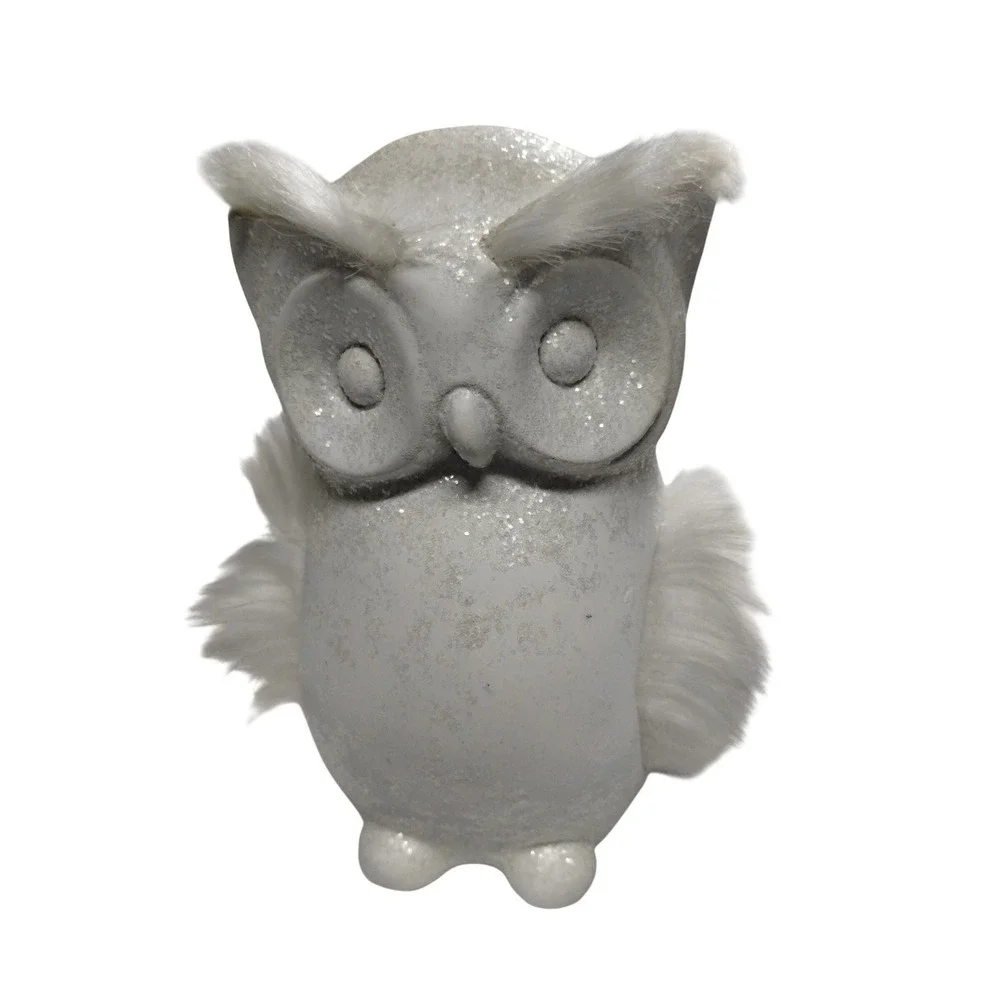 White Winter Owl Figurine with Faux Fur Wings‎ Farmhouse Woodland Decor